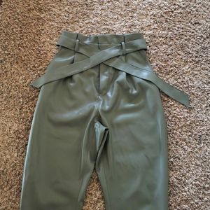Olive Green Faux Leather Pants